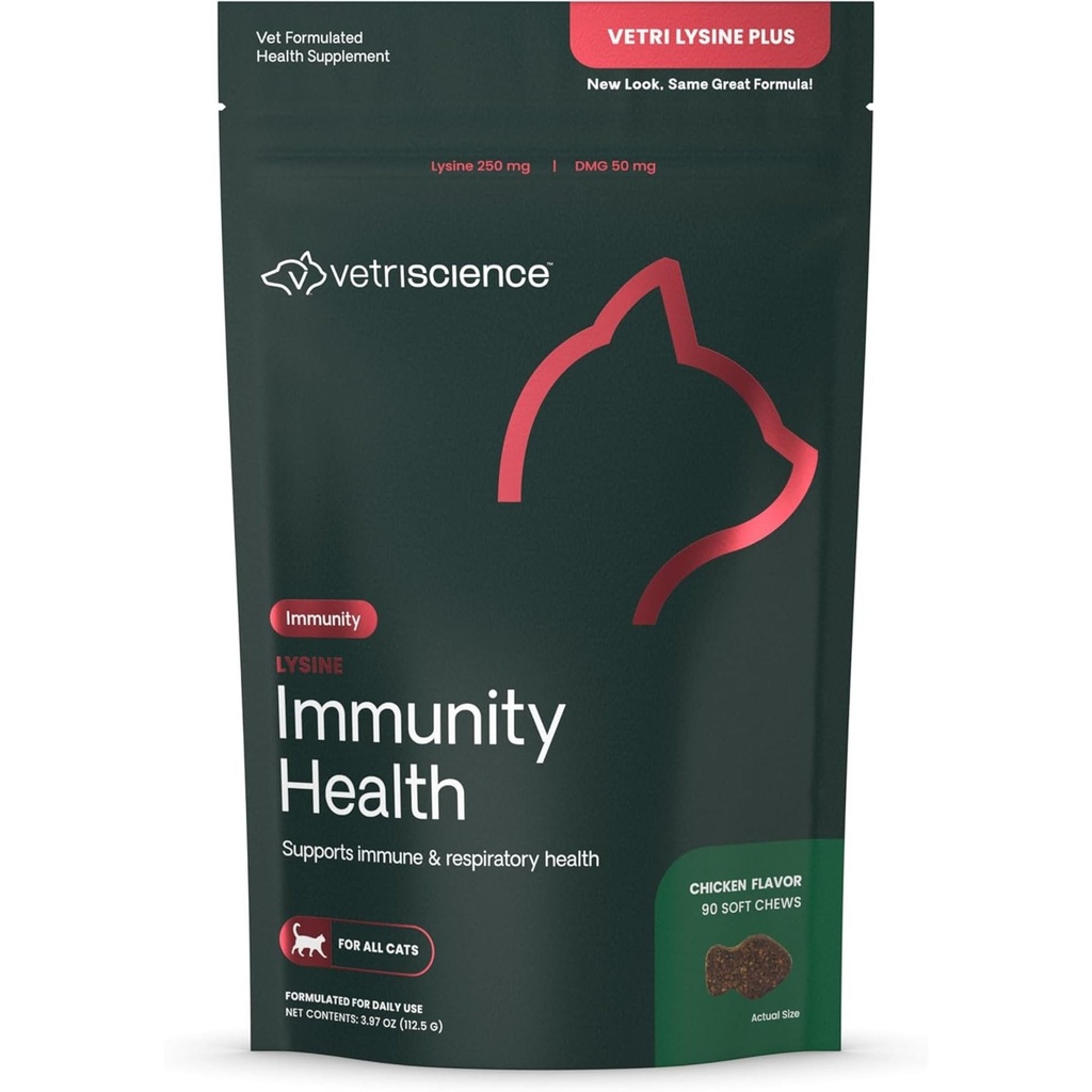 VetriScience Lysine Immunity Health Chews, 250 mg Lysine Plus Immune Supplement kassidele ja kassidele allergia, aevastamise, runny nina ja vesised silmad, kana, 90 Count