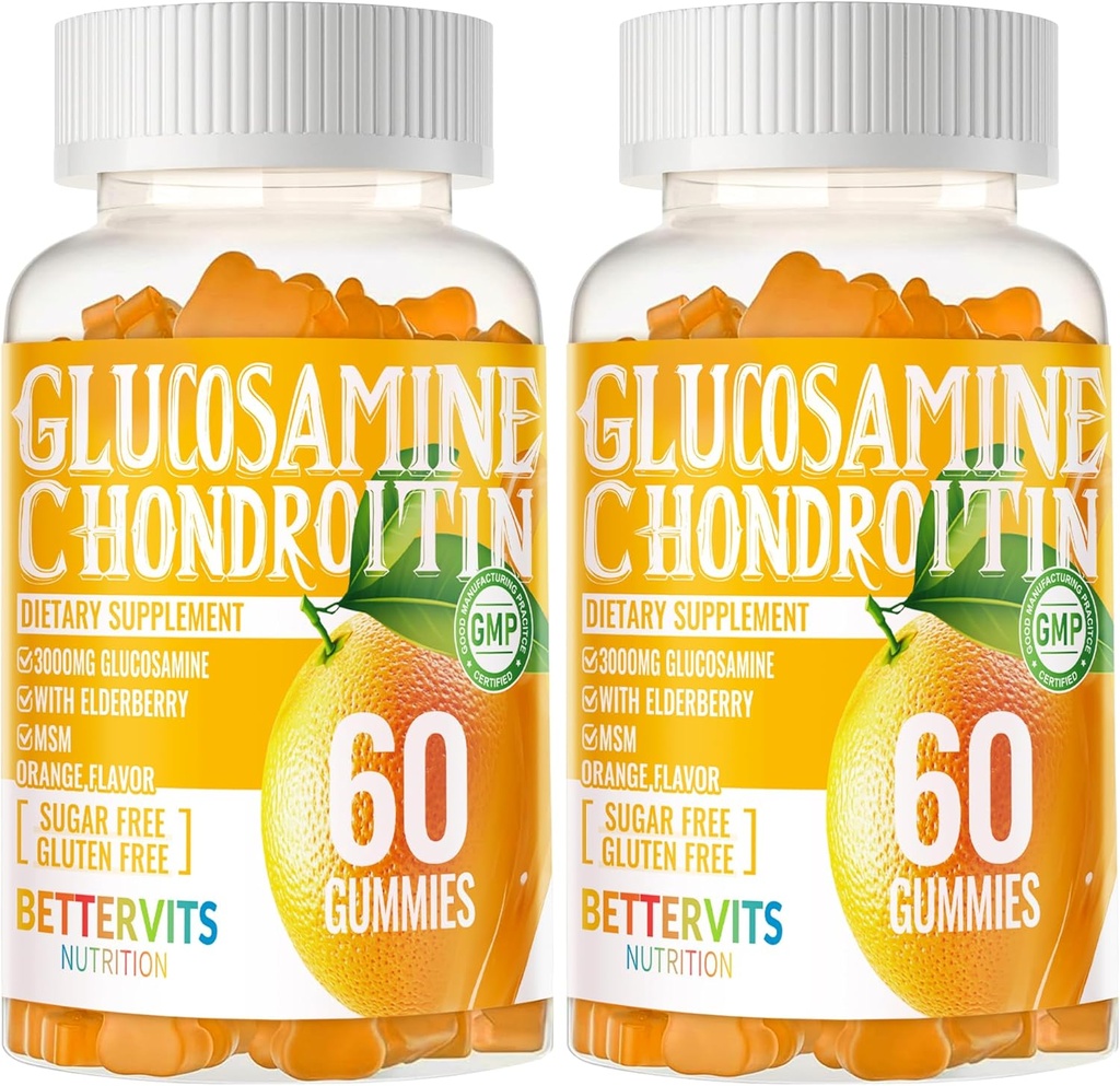 Glükoosamiin Chondroitin Gummies koos MSM & Elderberry Extra Tugevus - ühine tugi, antioksüdantide immuuntoetus täiendus täiskasvanutele, meestele ja naistele120 Apelsini kummid