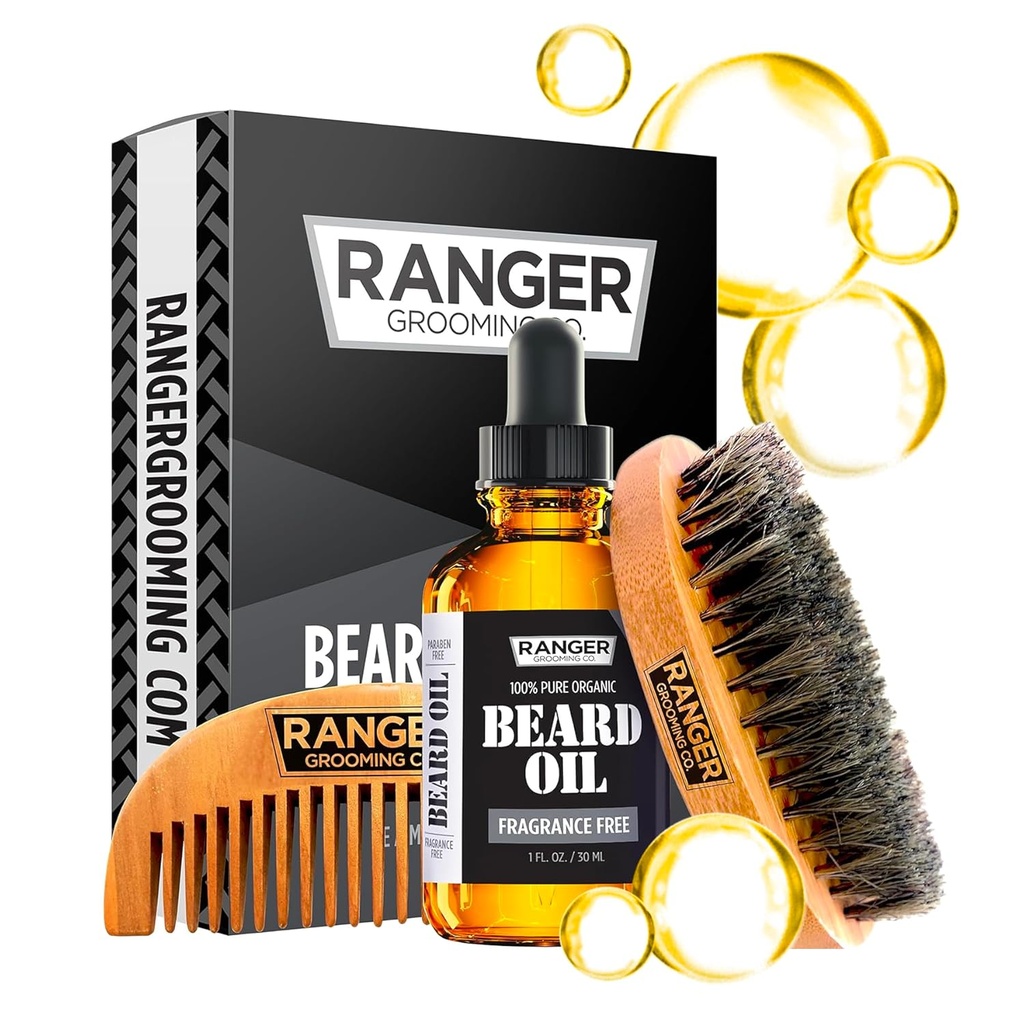 Habe Kit poolt Ranger Grooming Company poolt Leven Rose, 100% orgaaniline looduslik aroom tasuta lõhnastamata habeõli, Boar Bristle Beard Brush, Natural Wood Comb Beard Care Starter komplekt meestele