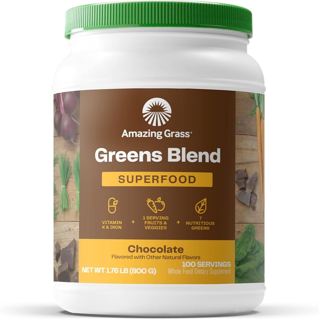 Amazing Grass Greens Superfood Powder: Rohelised Pulber seedeensüümide ja probiootikumidega, orgaaniline Spirulina, Chlorella ja peedi juure pulber, šokolaad, 100 serveerimist