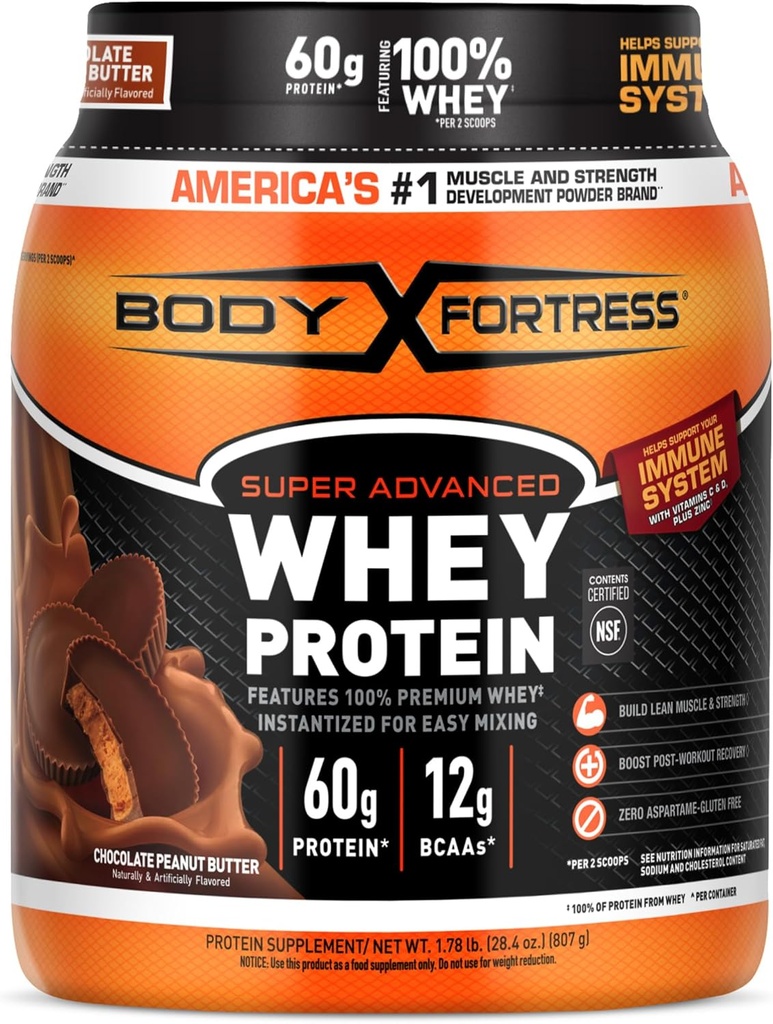 Body Fortress 100% vadak, Premium valgu pulber, šokolaadi maapähklivõi, 1,78 lbs (pakendamine võib varieeruda)