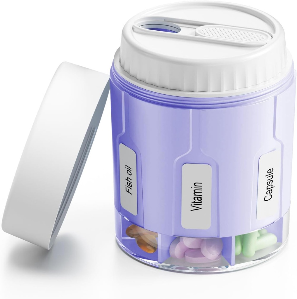 Daviky Pill Pudeli Korraldaja, Täiendus Korraldaja 7 Suurt Komparts, Travel Pill Dispenser Ümar Pill Box Kaks Lids (Purple)