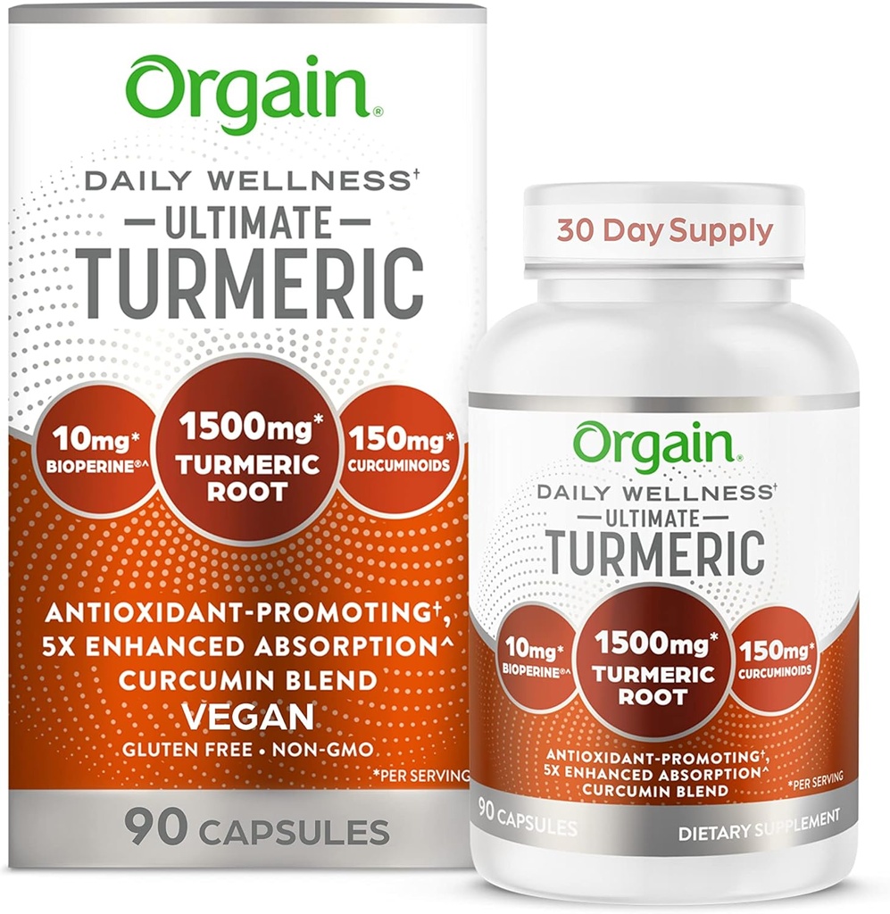 Orgaini Ultimate Turmeric Supplement 1500mg, kurkumiin ja bioperiin Black Pepper ekstrakt Taimne segu, toetab antioksüdante ja südame tervist - 90 kapslit, 1 kuu pakkumine