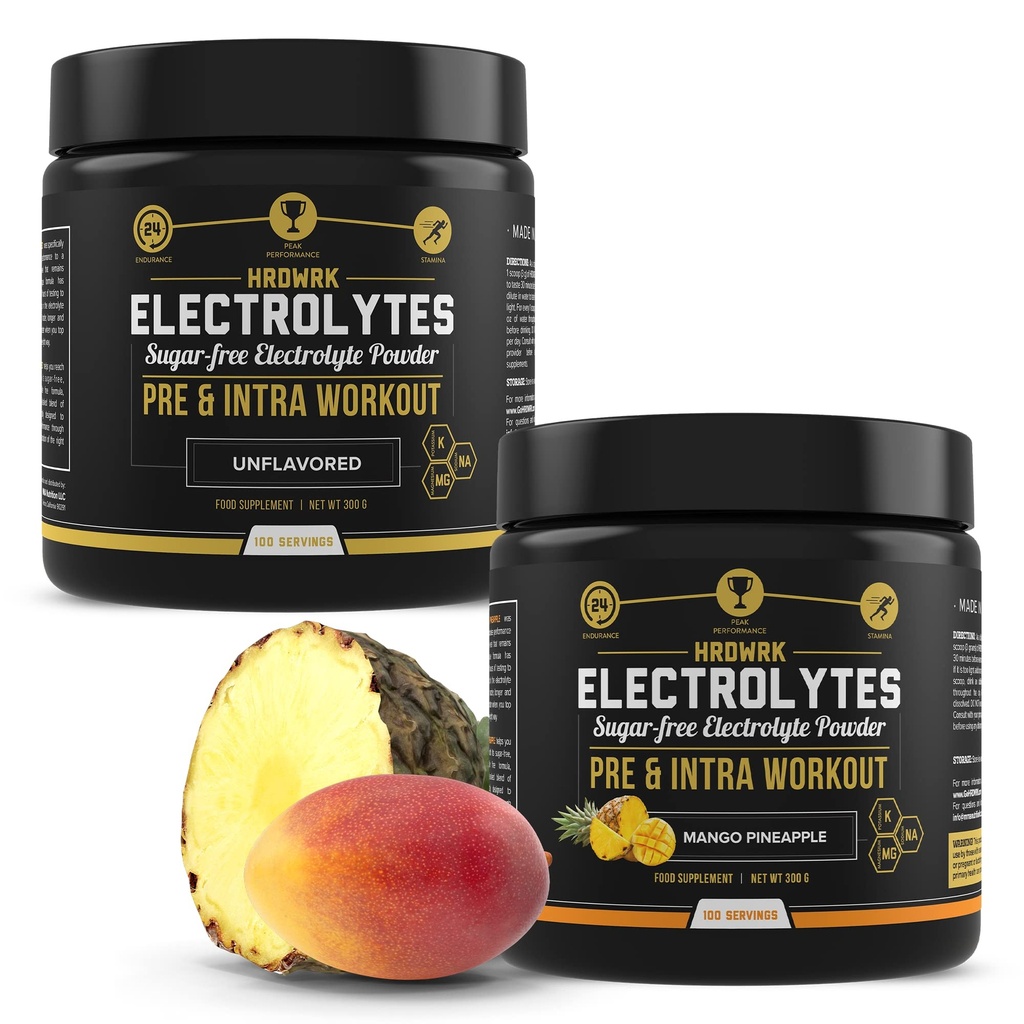 HRDWRK - 100 serveerimist Keto elektrolüüdid Pulberhüdraat Suhkruvaba - elektrolüütide pulber vastupidavuse suurendamiseks ja väsimuse vähendamiseks elektrolüütide lisandiga - maitsestamata & Mango ananassikomplekt