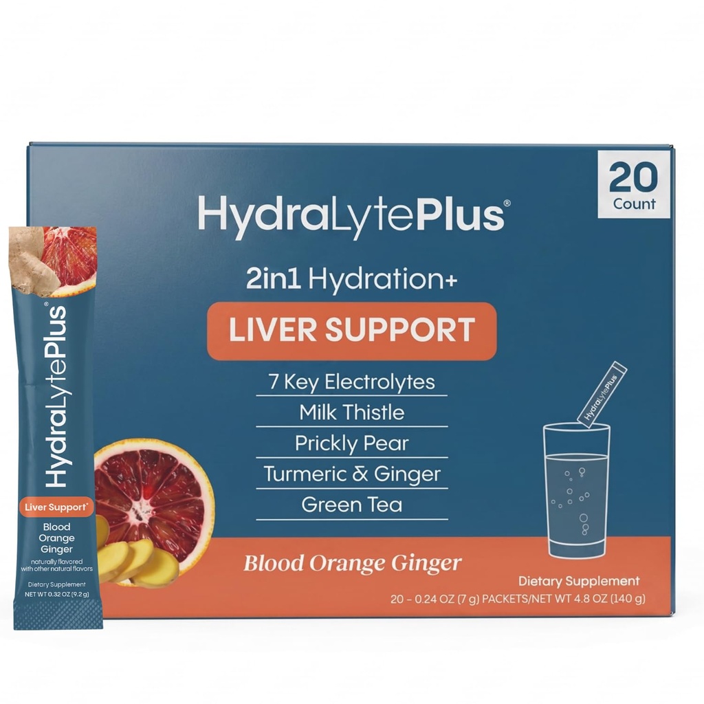 Hüdralüüt Maksatoetus + elektrolüütide segu piimaohakaga, kurkum, ingver, okkaline pirn, rohelise tee ekstrakt, mis on mõeldud kiireks rehüdratsiooniks (Blood Orange Ginger, 20 Packets)