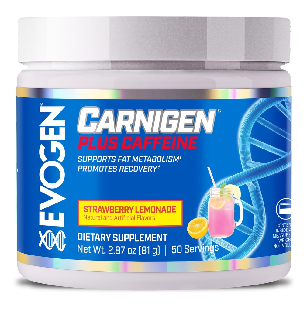 Evogen Carnigen Plus kofeiin - Premium karnitiini pulber | toetab rasva ainevahetust ja soodustab taastumist | L karnitiini lisand kofeiini ja atsetüül L-karnitiiniga | Maasika limonaadi | 50 serveerimist