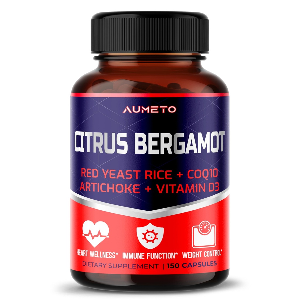 Citrus Bergamot toidulisand punase pärmi riisiga, CoQ10, artišokk, D3-vitamiin - üldise vereringe tervise ja immuunsüsteemi toetamine (150 loend (1. pakk))