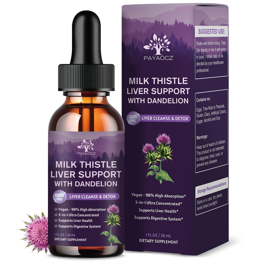 (4 Pack) Piimaohakas Vedelik tilgad Silymarin 1000mg, Maksalisandi Detox & Puhastamine Dandelion & Artišokiga, Piimaohaka orgaaniline ekstrakt Maksa parandamiseks Tervis, Vegan, Non-GMO, 1 Fl Oz