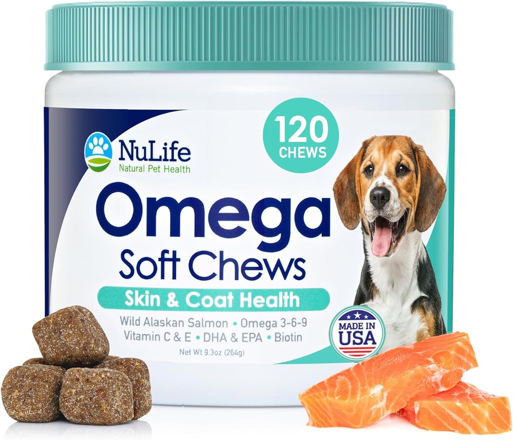 Omega naha- ja mantlinäidised koertele, metsik lõhekoer ravib biotiini ja E-vitamiiniga, aitab sügeleva nahaga, allergia leevendamine ja heitmine, Omega 3 6 9, EPA & DHA rasvhapped, valmistatud USAs, 120 närimist