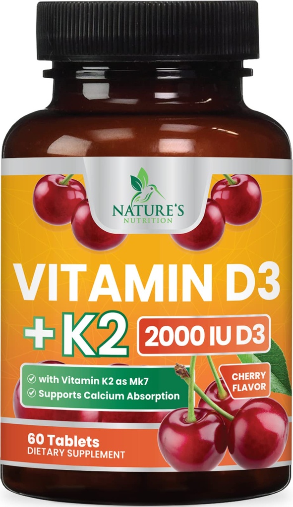 Vitamiin D 2000 RÜ 50mcg tableti kohta - vitamiinid D3 & K2 (MK7) Komplekslisand luudele, hammastele, lihastele, kaltsiumi imendumisele, toetab immuunsüsteemi ja südame tervist, näritav valem USA pudel - 60 tabletti