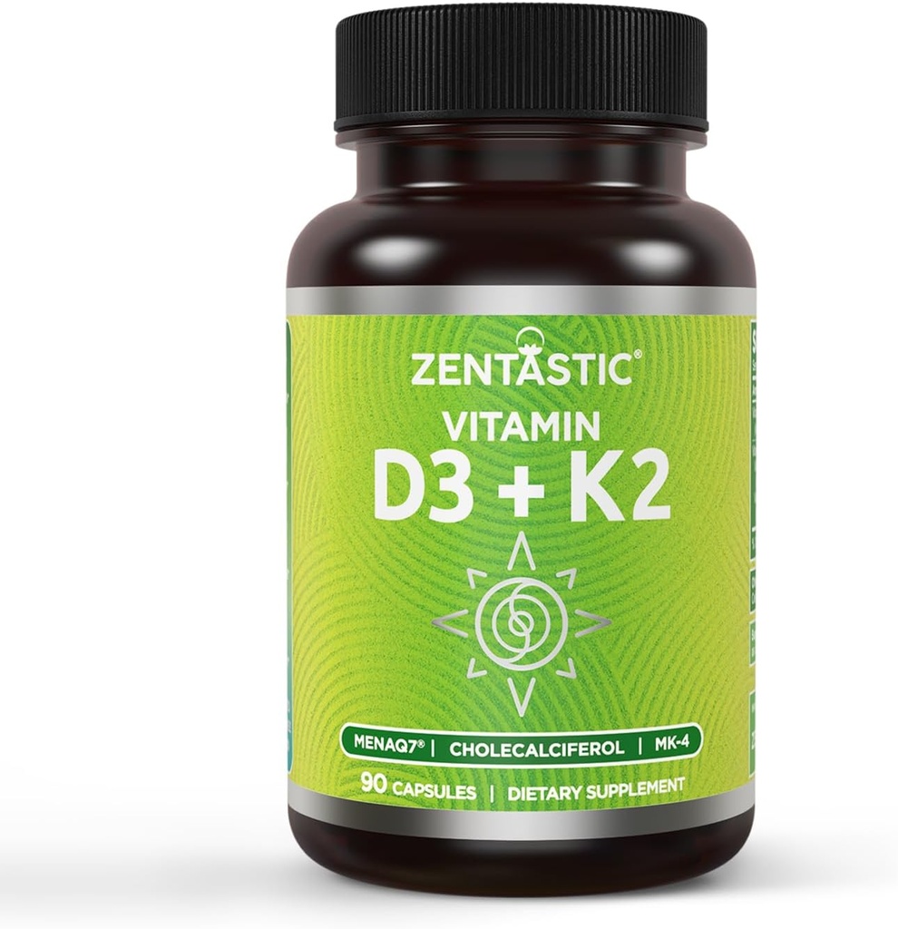 Zentastiline vitamiin D3 K2, 5000 IU & 200mcg, D-vitamiin ja patenteeritud MK7 & MK4 3-in-1 kompleksi toetuseks - taimetoitlane, mitte-GMO, 90 kapslit