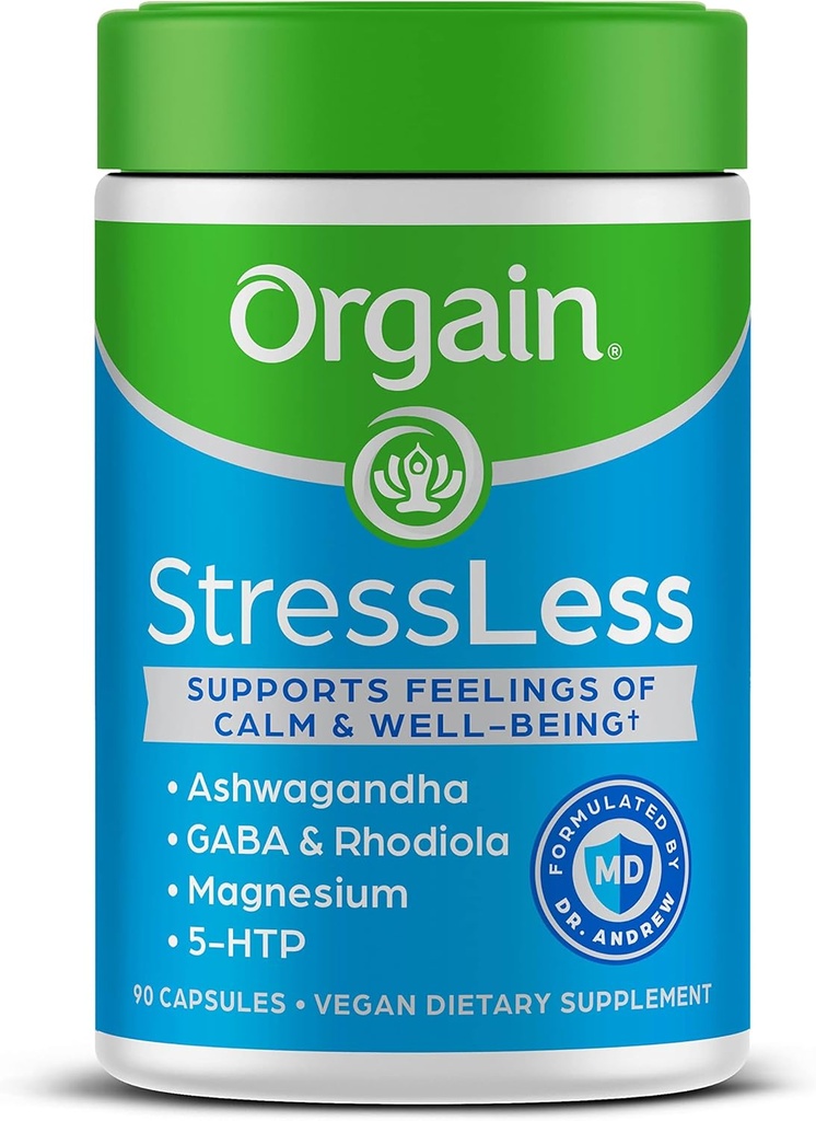 Orgain Stress Vähem, Vegan Stressi Abilisa - Magneesiumi, Lemon Balm, GABA, 5 HTP, Rhodiola Rosea, Ashwagandha ja Chamomile segu, Gluteenivaba, arst Formuleeritud - 90 loend, 30 päeva pakkumine