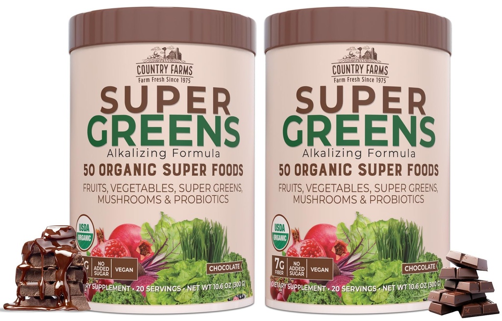RIIK FARMS Super Greens Chocolate Maitse, 50 Organic Super Foods, USDA orgaanilise joogi segu, puuviljad, köögiviljad, Super Greens, seened ja probiootikumid, toetab energiat, 40 Servings, 10,6 Oz, 2 Pack