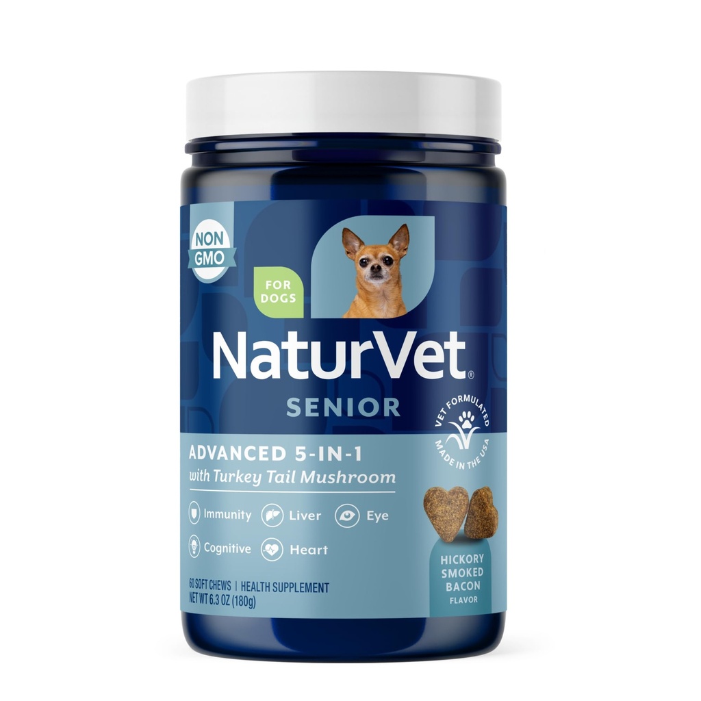 NaturVet Senior Advanced 5-in-1 tugikoera täiendus - aitab toetada immuunsüsteemi, südant, maksa, kognitiivset funktsiooni, silmade tervist - sisaldab Ginkgo Biloba, Lutein - 60 Ct.