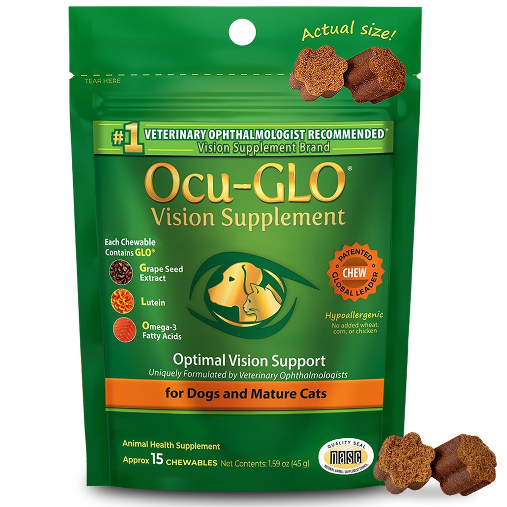Ocu-GLO Cat & Dog Senior Supplement for Eye Support - Näritav Visioon Vitamiinid Toidulisandid suurtele ja väikestele lemmikloomadele Hooldus Luteiin, Omega-3 rasvhapped, Viinamarjaseemne ekstrakt ja antioksüdandid