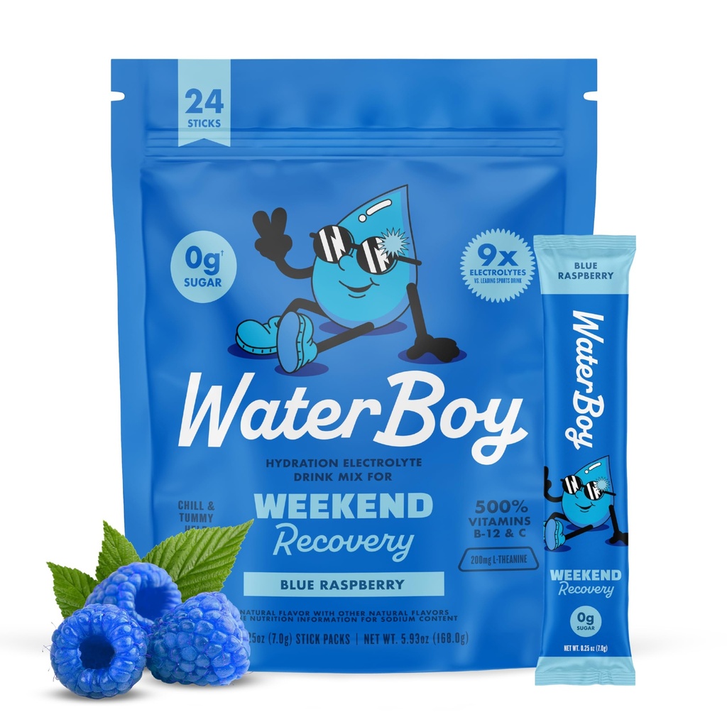 Waterboy Weekend Recovery | 3200mg elektrolüütide pulbri pakendid | Ingver + L-Theanine + vitamiinid | Ilma suhkruta, kõik looduslikud, gluteenivabad | 24 joogipulgasegud (sinine vaarikas)