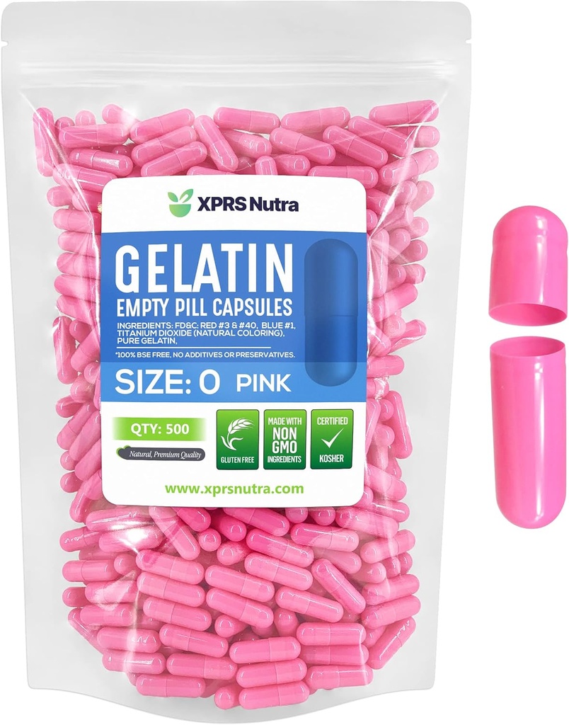 XPRS Nutra suurus 0 Tühjad kapslid - 500 loend Tühjad želatiinkapslid - pillid DIY kapsli täitmiseks - puhas Veise geel kapslid Do-It-Yourself täiendused (Pink)