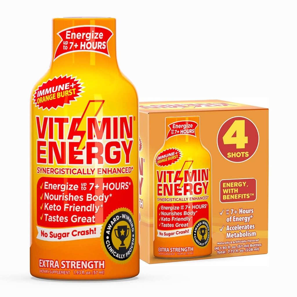 Vitamiinenergia Immuunsus + ekstra tugevuse energia Shot - oranž Burst - 100% DV B-vitamiinid ja 260mg kofeiin - nullkalorid, suhkruvaba, vegan, - immuunsus ja energia tugi - 1,93 fl oz, 4-Pack