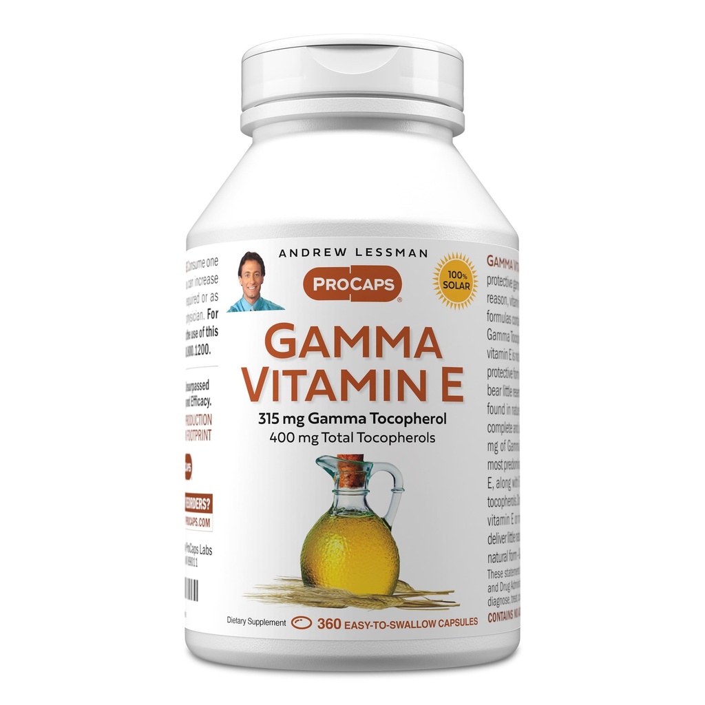 ANDREW LESSMAN Gamma Vitamiin E 360 Softgels - 315 mg Gamma Tokoferool, kaitsev vitamiin E. Neli looduslike tokoferoolide vormi koos ahililleõliga. võimas antioksüdant. Sünteetilised vormid puuduvad