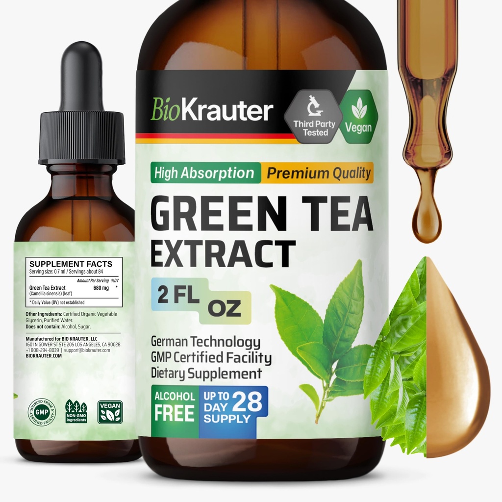 BIO KRAUTER Green Tea Extract Vedel tilgad - Roheline tee Toidulisandid - Antioksüdant Allikas - Alkohol ja suhkur vaba - 2 Fl.Oz.