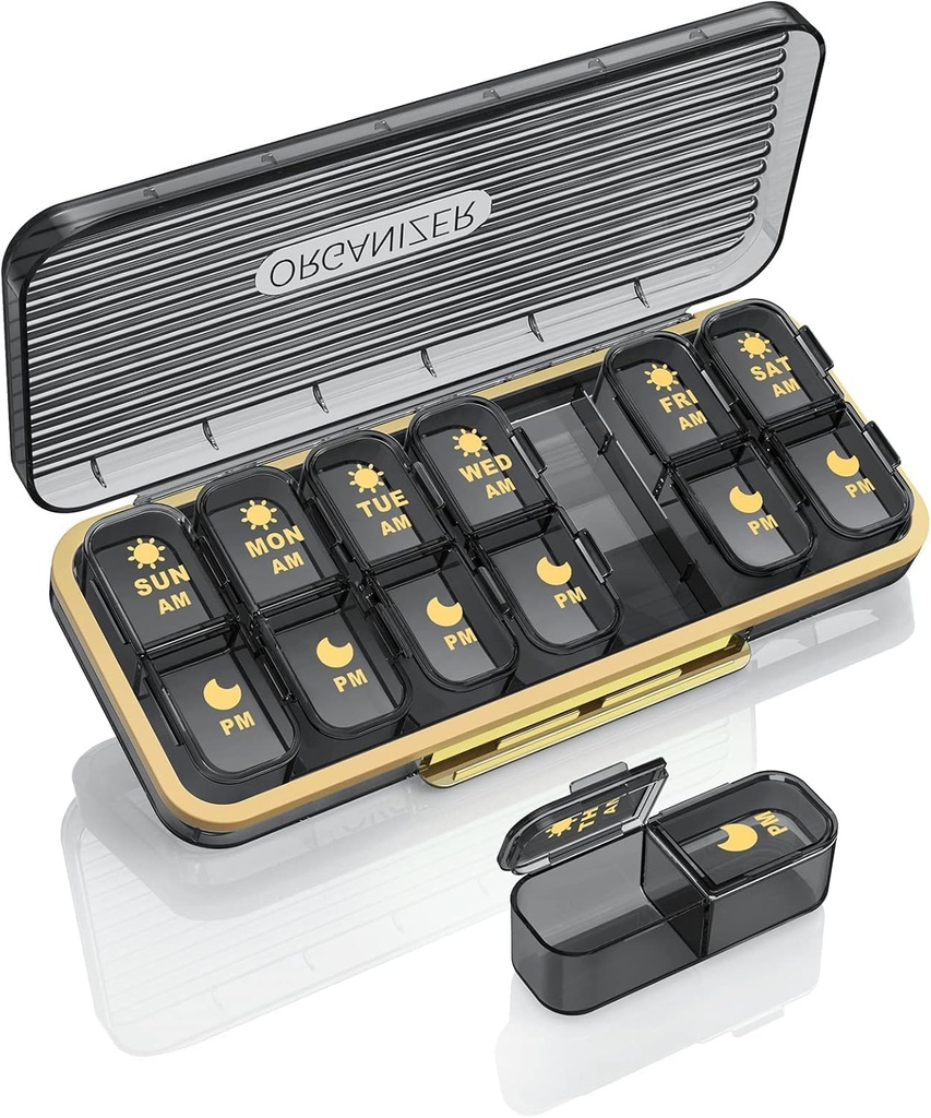 Pill Organizer 2 korda päevas, 7 päeva Am Pm Pill Box - Acedada Weekly Pill Organizer kaks korda päevas, kaasaskantav eemaldatav igapäevane meditsiinikonteiner Dispenser Case for Vitamin Fish Oil Supplement, Black Grey