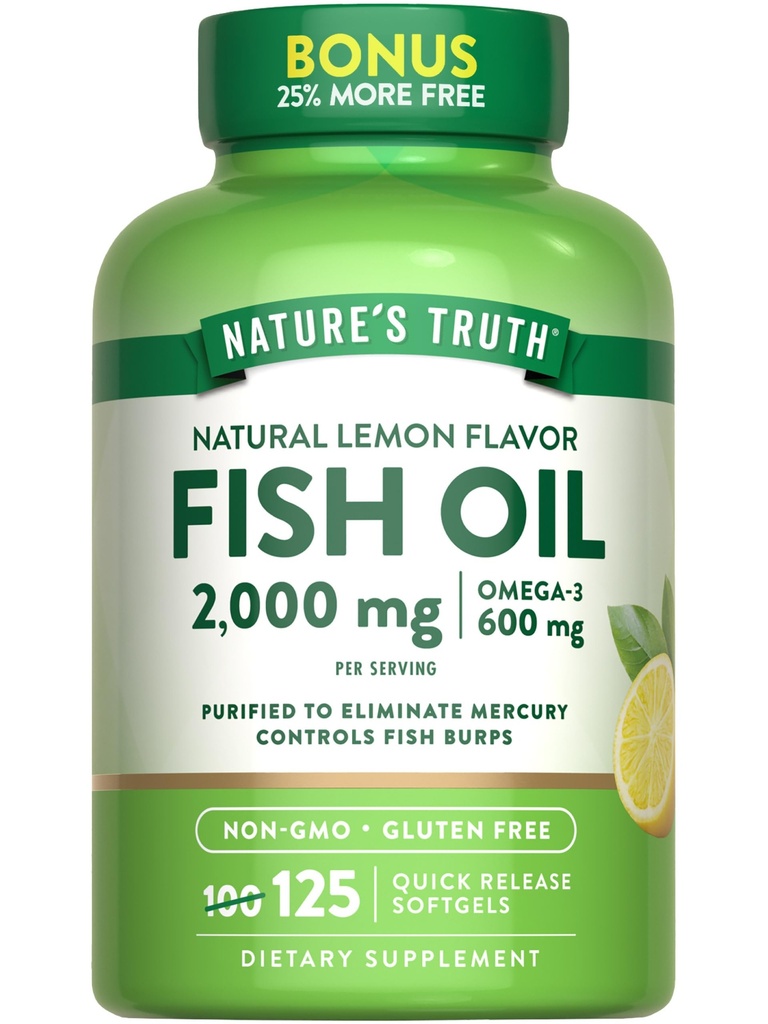 Nature's Truth Omega 3 Fish Oil 2000 mg | 125 Vedelad Softgels | Burpless, Sidrun Flavor Pills | Non-GMO ja Gluteeni tasuta toidulisand