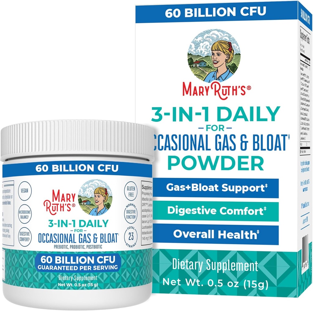 MaryRuth Organics 3-in-1 Gas & Bloat probiootikumid | Probiootikumid normaalse seedetrakti funktsiooni jaoks | Probiootikumid naistele ja meestele | Prebiootikumid ja postbiootikumid | 60 miljardit CFU | Kõlblik stabiilne | 0,5 oz