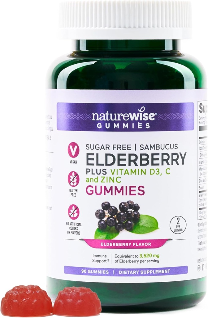 NatureWise Sambucus Elderberry Gummies - Sugar-Free - Daily Immune Support Supplement lastele ja täiskasvanutele *, C-vitamiini, D3, Tsink - Vegan, Gluteenivaba, mitte-GMO - 90 Count [45-päevane pakkumine]
