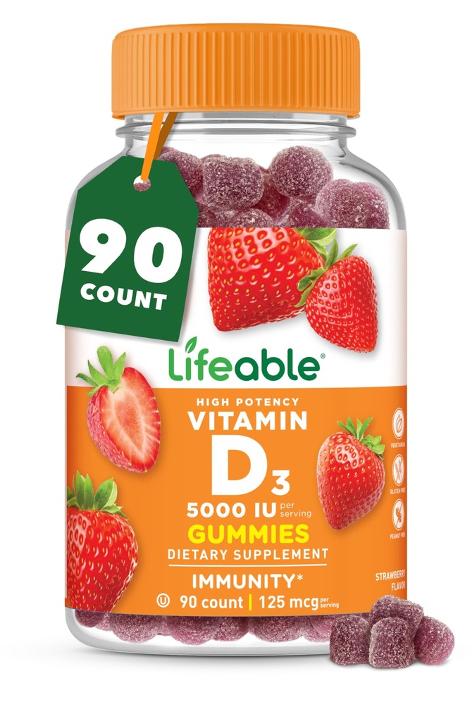 D-vitamiini kummid täiskasvanutele | 5000 IU | D3-vitamiini suurepärane maitse | Immuunsüsteemi tugi ja terved luud D-vitamiini lisand meestele, naistele | 90 Gummies | elujõuline