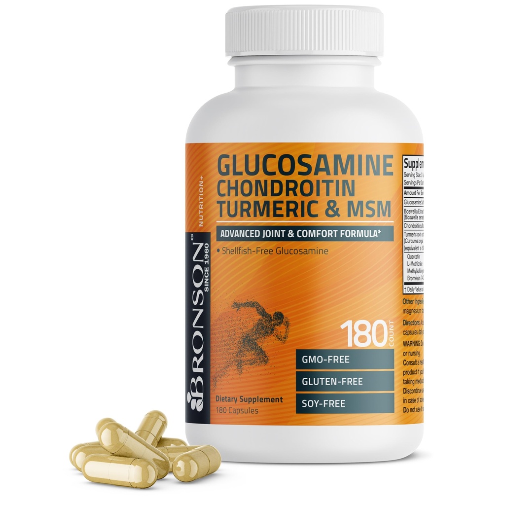 Bronson Glükosamiin Chondroitin Turmeric & MSM Advanced Joint & Kõhre valem, toetab tervislikke liigeseid, liikuvust ja kõhre - Non-GMO, 180 kapslit