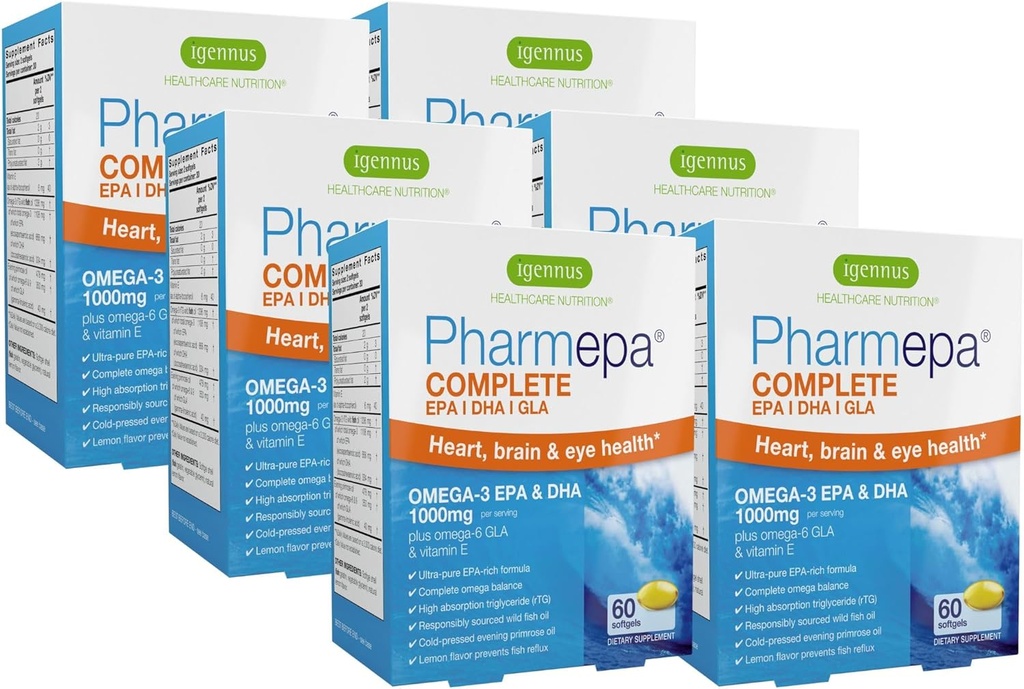 Igennus Pharmepa Complete EPA 668mg & DHA 334mg Omega-3 rasvhapped 1000mg, IFOS Certified, rTG Form, High Potency Fish Oil Plus Omega-6 & 9 alates GLA Evening Primrose Oil, Sidrun Maitse, 360 Softgels
