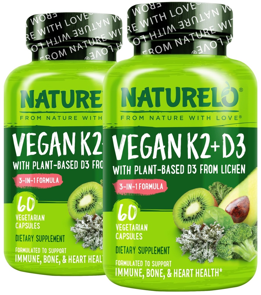 NATURELO D3-vitamiin K2 - Vegan K2+D3 taimse D3-ga samblikust - looduslik D3 lisand immuunsüsteemile, luude tugi, südame tervis - kogu toit - mitte-GMO - gluteenivaba, 60 kapslit (pakk 2)