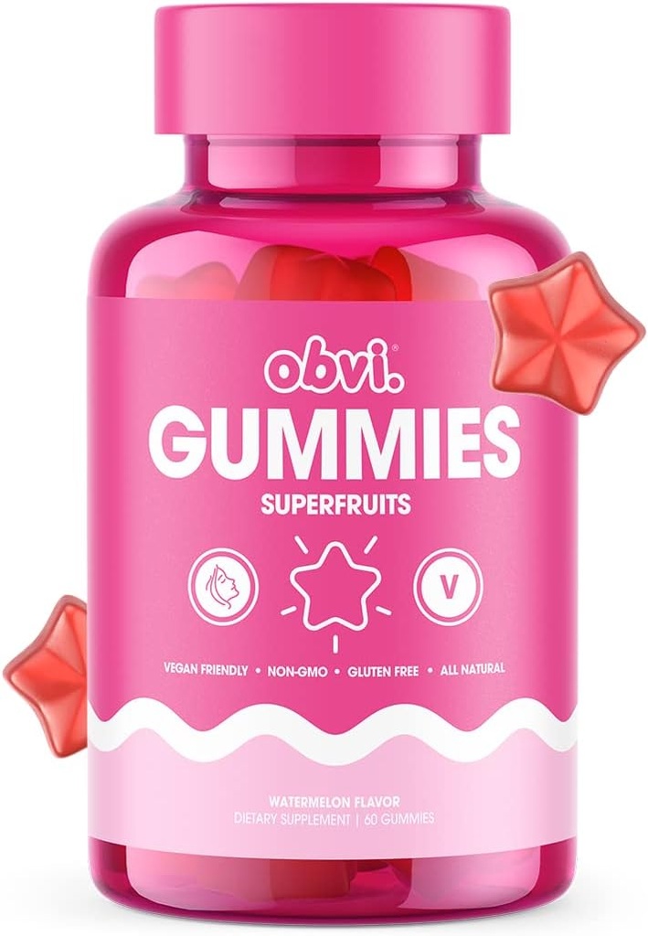 Obvi Superfruit Gummies | Vegan Multivitamiin, toetab tervislikku kollageeni tootmist hõõguvale nahale, antioksüdantidele ja vitamiinidele immuunsuse tervise jaoks | Mitte-GMO, Gluteenivaba | Arbuusimaitse, 60 Gummies