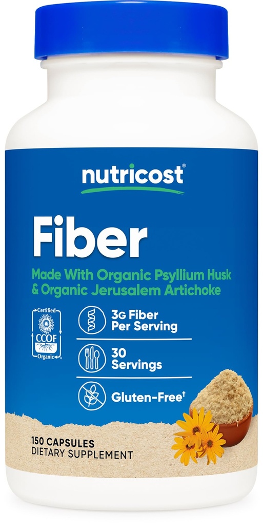 Nutrikost kiudkapslid prebiootilise kiudainelisandiga 150 kapslit - CCOF sertifitseeritud lisand, valmistatud orgaanilise Psyllium Husk & orgaanilise Jeruusalemma artišokiga, Gluteenivaba, 3 g ühe serveerimise kohta