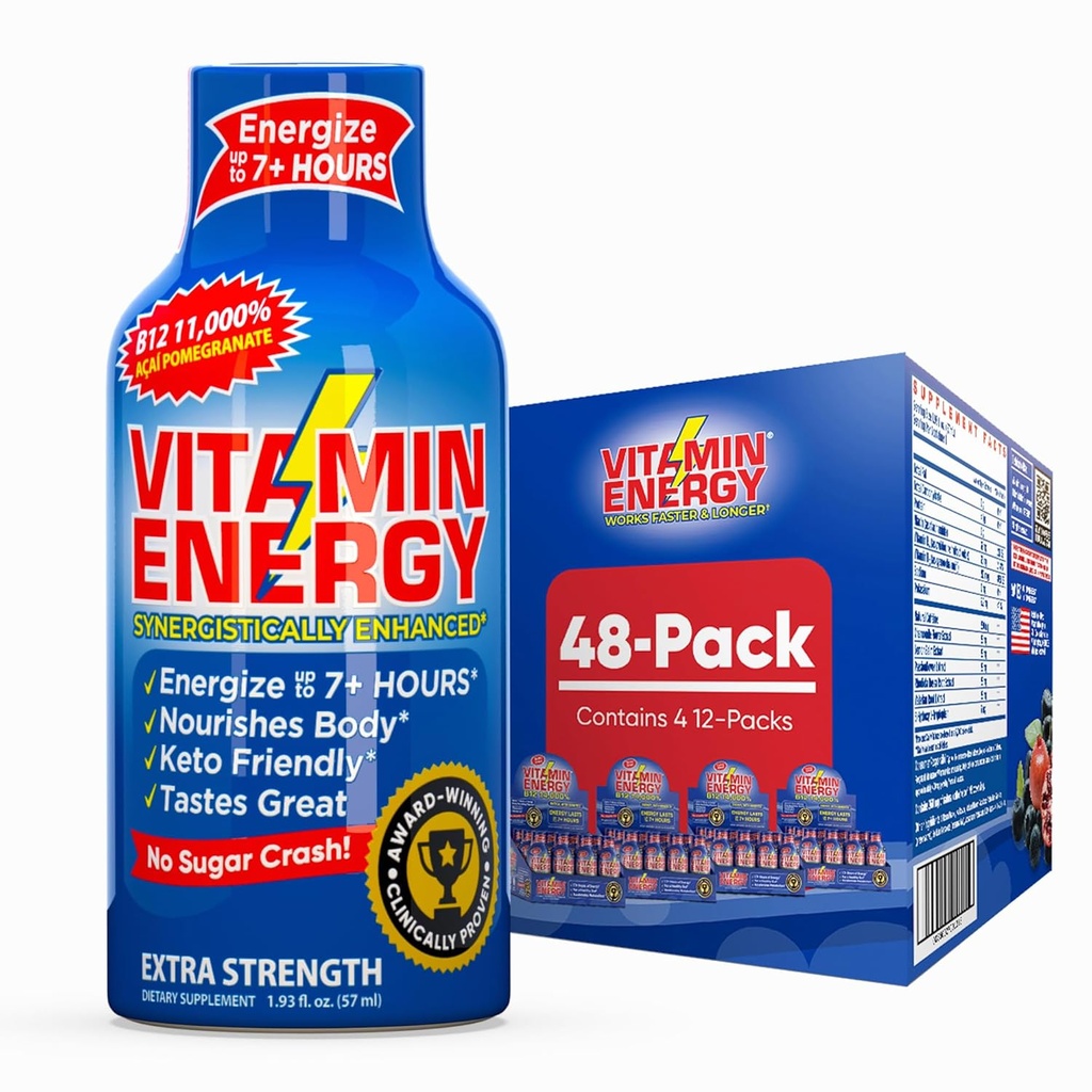 Vitamiin Energia B12 11 000% Extra Tugevus Energia Shot Açaí Granaatõuna 48 Pack, 260mg looduslik kofeiin, B12 & B6, Nootroopne fookus, Vitality, nullsuhkrut, Gluteenivaba, Vegan, Kosher, 1,93 fl oz