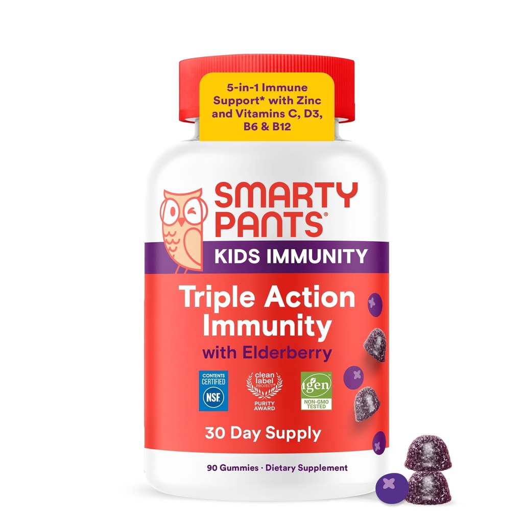 SmartyPants Kids Immunity Elderberry Gummies: Kids Immune Support Supplement, C-vitamiin, D-vitamiin, vitamiinid B6 & B12 ja tsink, Gluteenivaba, Elderberry Maitse, 60 Count (30 päeva pakkumine)