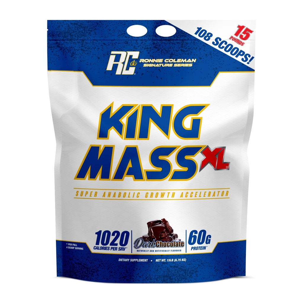 Ronnie Coleman Signature Series King Mass XL Mass Gainer Valgupulber, Lihaste Gainer, 60 g valku, 180 g süsivesikuid, 1000+ kalorit, kreatiin ja glutamiin, tume šokolaad, 15 naela