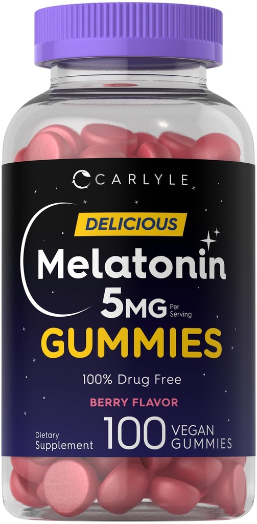 Carlyle Melatoniin 5mg Gummies | 100 Count | Berry Flavor | 100% Drug Free | Non-GMO, Gluteenivaba toidulisand