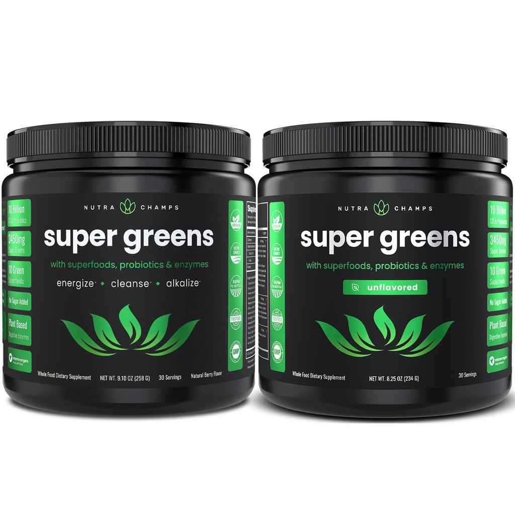 NutraChamps Super Greens Berry & Super Greens Maitsestamata Bundle - 2 kuu pakkumine