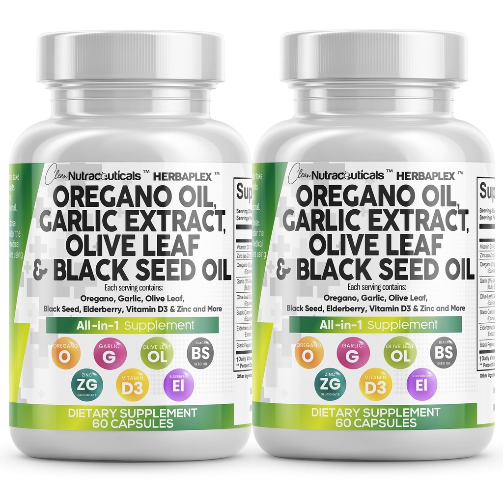 Puhas Nutraceuticals Oregano õli küüslauk ekstrakt Olive Leaf Black Seed Oil - Immuunsüsteemi toetamine ja seedetrakti tervise täiendus D3-vitamiini ja tsink - 2Pack