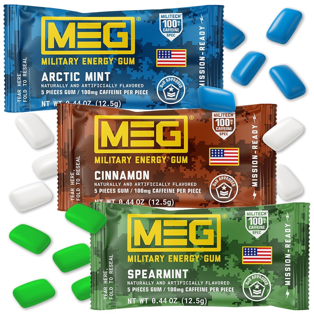 MEG Gum - militaarenergia Gum | 100 mg kofeiini tüki kohta - 15 tükk proovipakk - energia ja keskendumine tulemuslikkuse suurendamiseks