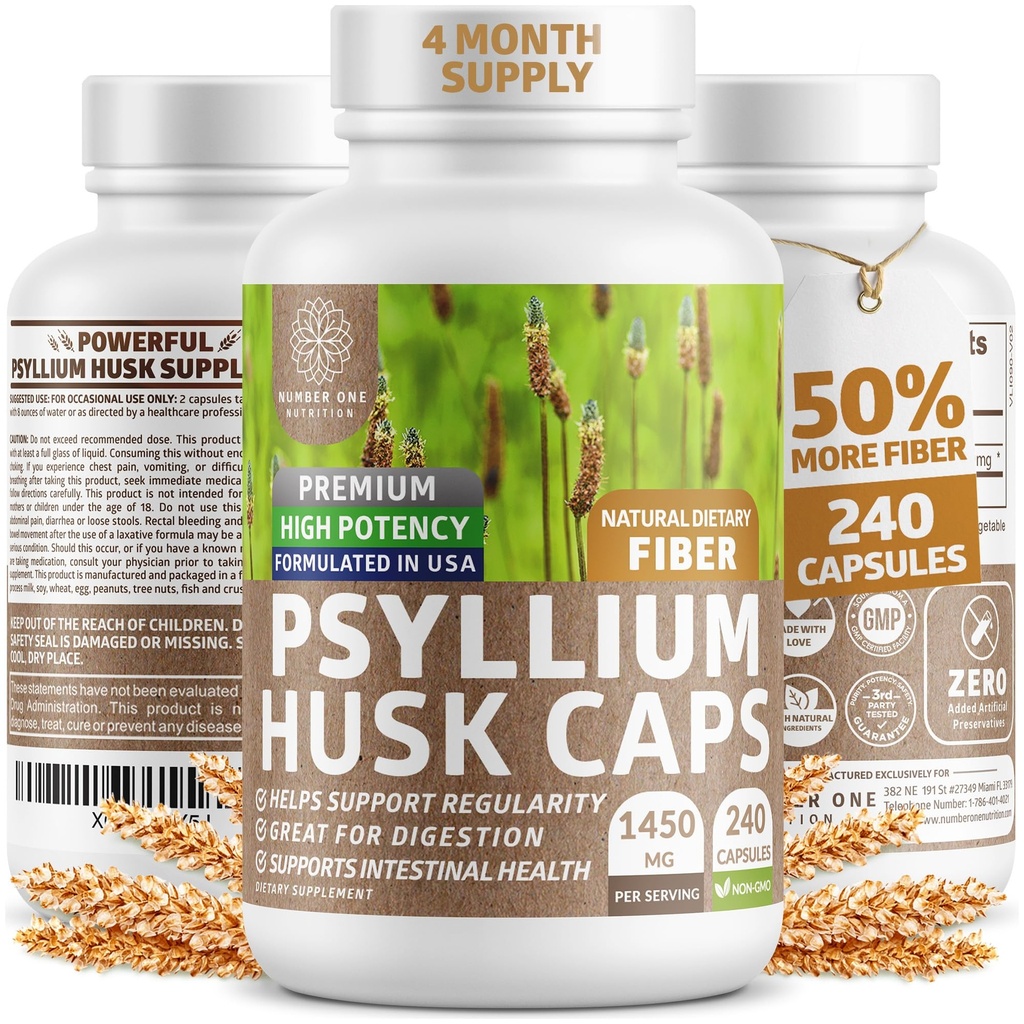 N1N Premium Psyllium Husk kapslid [Kõik looduslikud, 1450 MG] Võimas lahustuv kiudainelisa, et toetada korrapärasust ja seedetrakti tervist, 240 kapslit