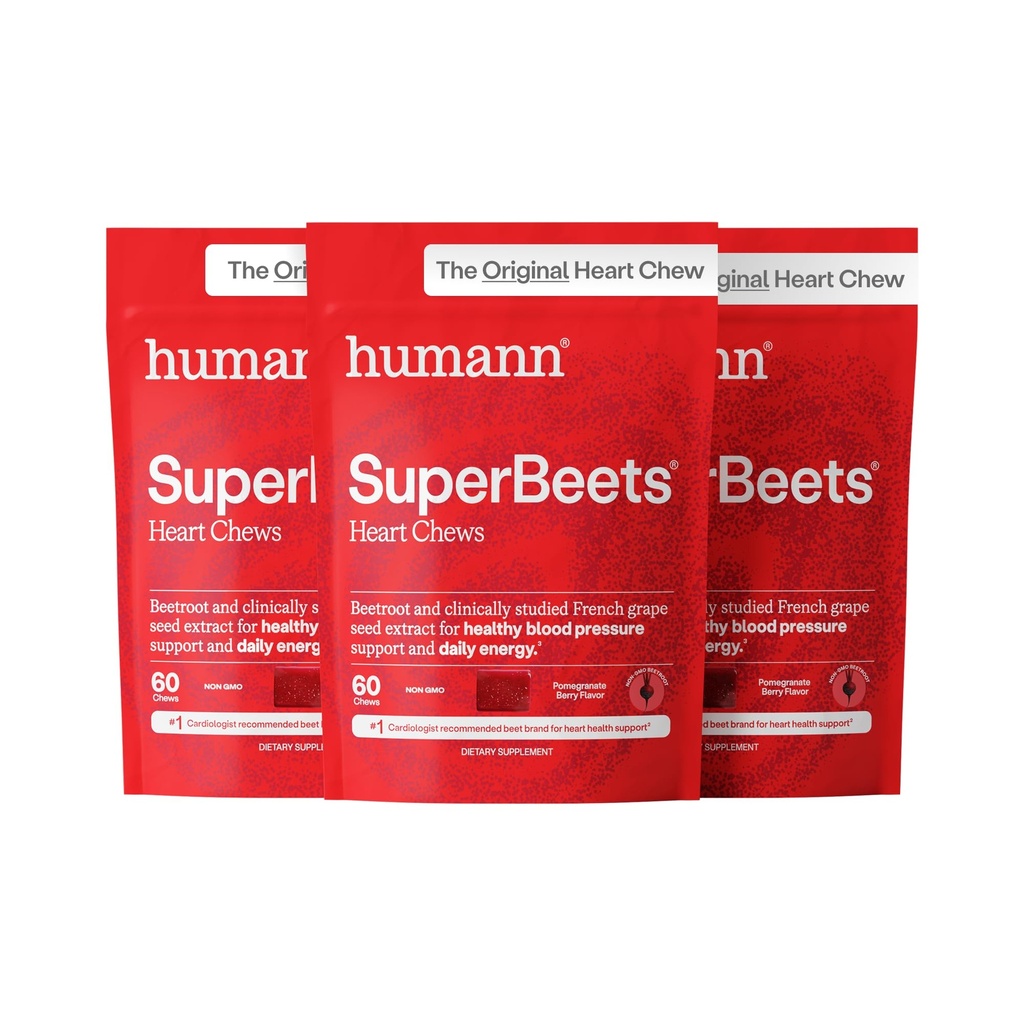 HumanN SuperBeets Heart Chews, Lämmastikoksiidi ja vererõhku Toetus, Viinamarjaseemne ekstrakt & Non-GMO Beet Root Powder Energy, Granaatõuna Marjamaitse, 180 Count