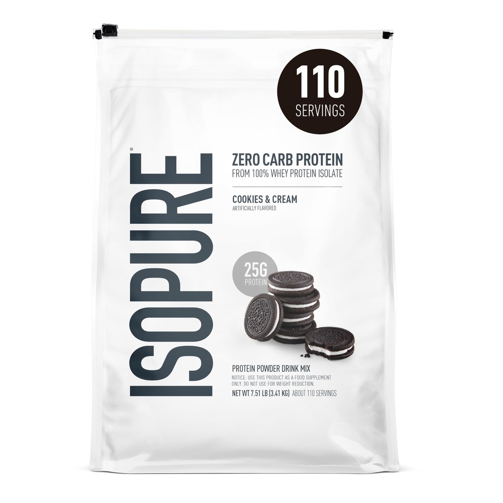 Isopure Zero Carb 100% puhas vadak Isolaatvalgu pulber, laktoosivaba, gluteenivaba, vitamiinide, küpsiste ja kreemiga, 25 g valku serveerimise kohta, 7,5 lbs, 110 serveerimist (pakendamine võib varieeruda)
