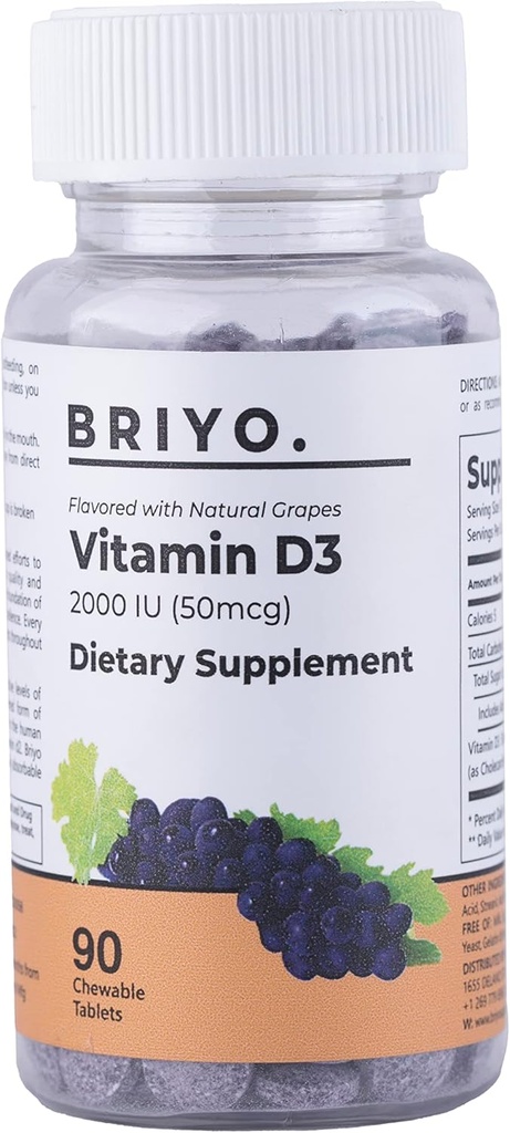 Briyo Vitamiin d3 närimistablett - 2000 RÜ (50 mcg per Serving) - maitsev looduslik viinamarjamaitse, 90 Count