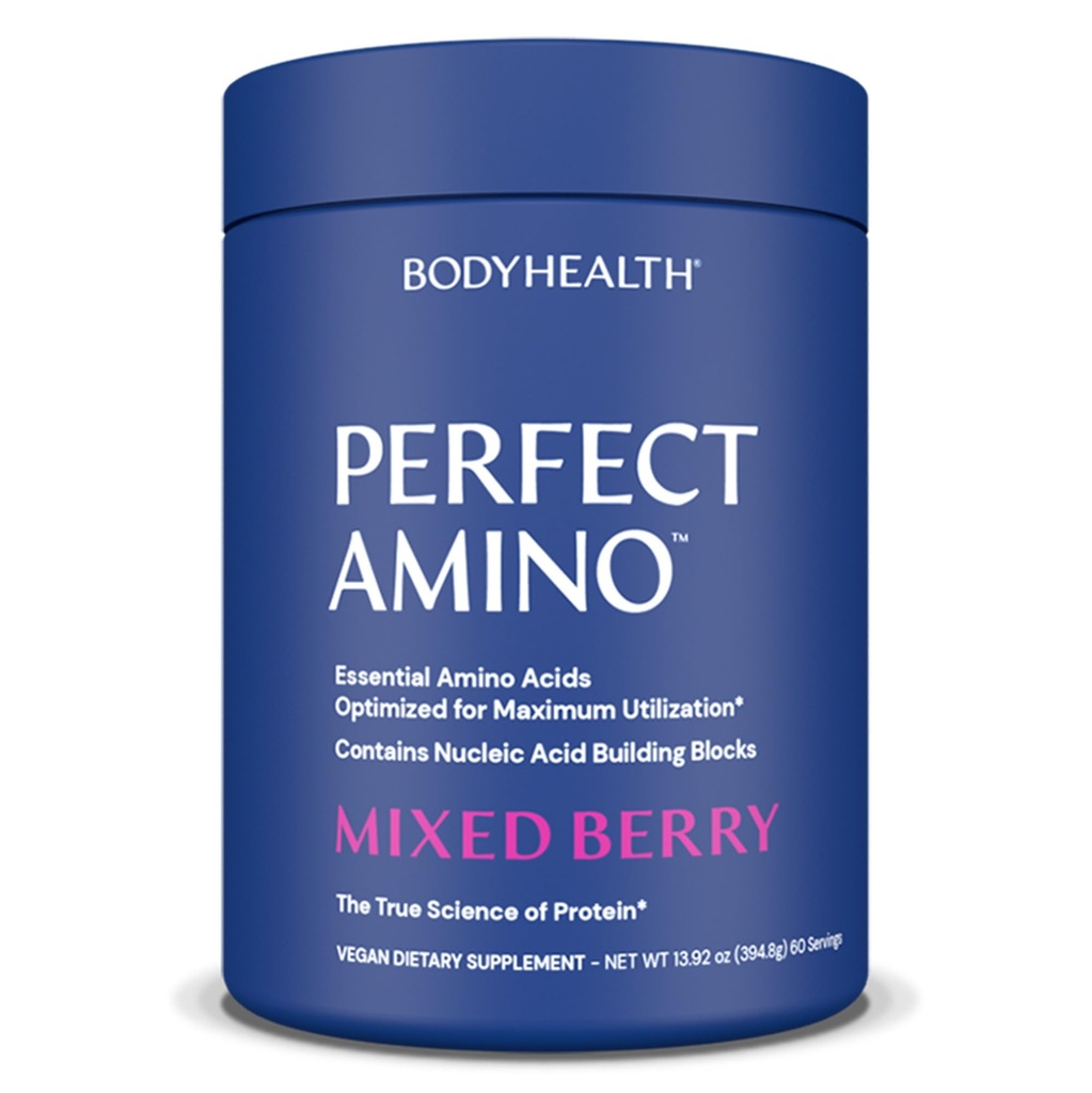 BodyHealth PerfectAmino Powder - BCAA ja EAA Pulber enne ja pärast treeningut - Aminohappe energiajook meestele ja naistele, et toetada Lean lihaseid ja taastumist - segatud marja - 60 serveerimist
