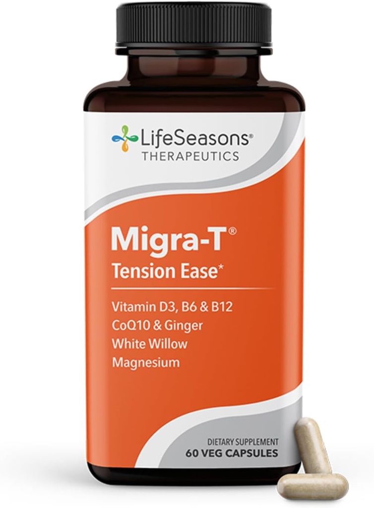 LifeSeasons Migra-T koos Relieve-R PM - Migreeni ennetamine ja leevendamine täiendus - toetab tõsiseid peavalusid - vähendab valguse heli ja lõhna tundlikkust - palavik, valge paju, magneesiumi ingver & CoQ10