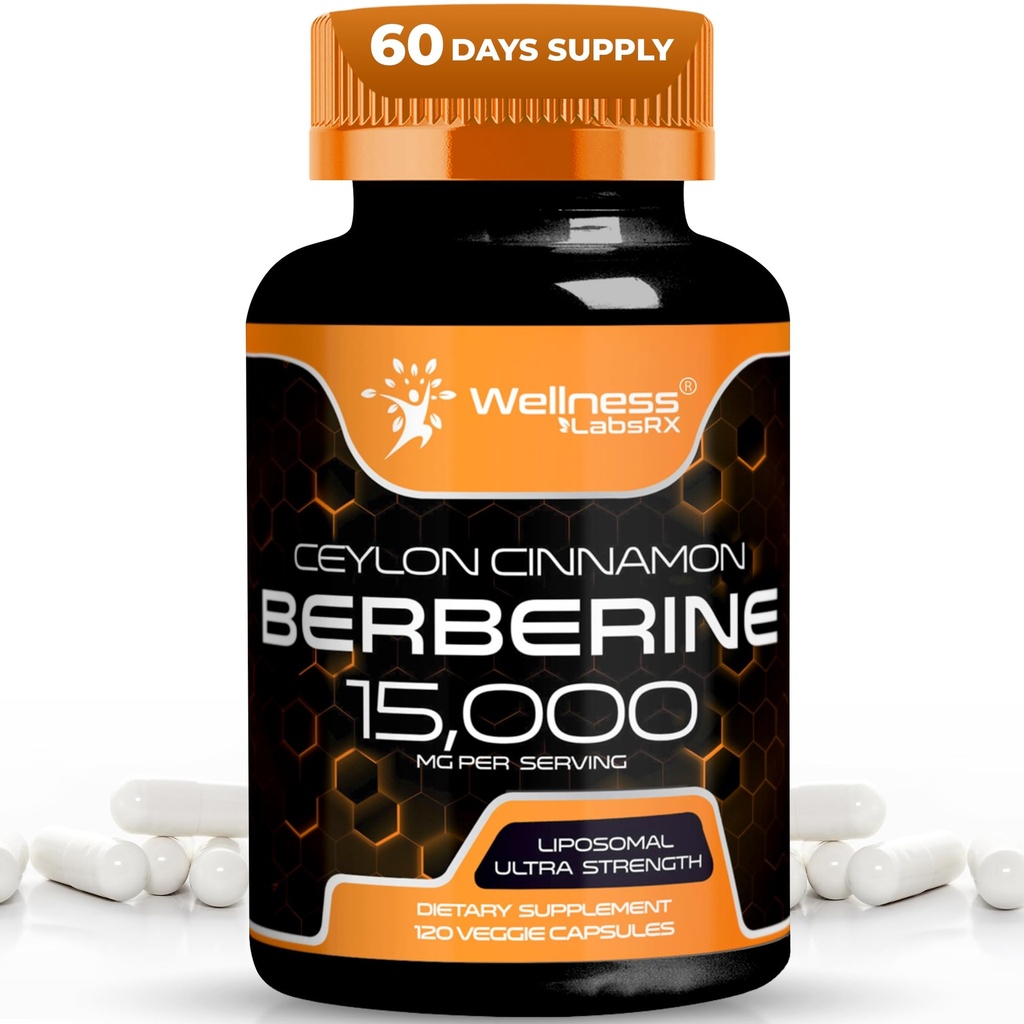 HELL LABSRX Berberine Supplement 15 000mg - Berberine koos Tseiloni kaneeliga, üldine heaolutoetuskapslid - 120 kapslit (pakk 1)