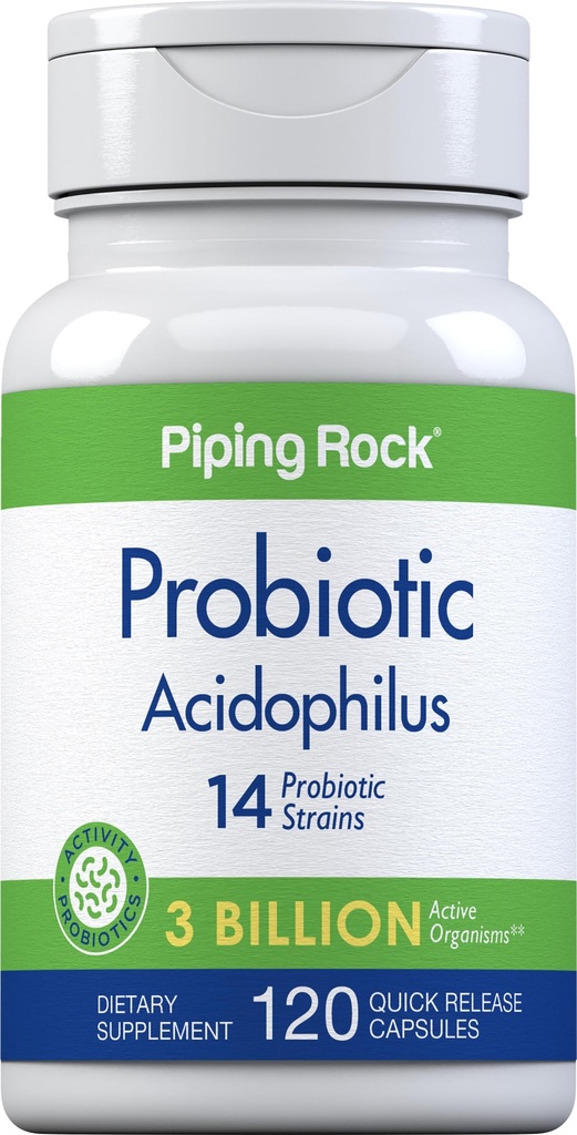 Piping Rock Probiootiline Acidophilus kapslid naistele ja meestele | 3 miljardit eluskultuuri | 120 pilli | 14 tüve täiendus | Mitte-GMO, Gluteenivaba