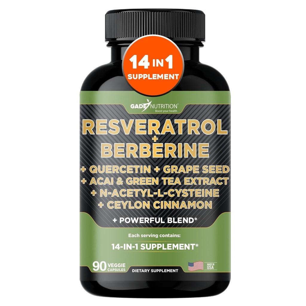 Gade Nutrition Resveratrol Berberine Quercetin Viinamarjaseemne ekstrakt Rohelise tee ekstrakt N-atsetüültsüsteiin - 14 in 1 Kompleksne täiendus naistele ja meestele, kellel on tugevad antioksüdandid - valmistatud USA-s